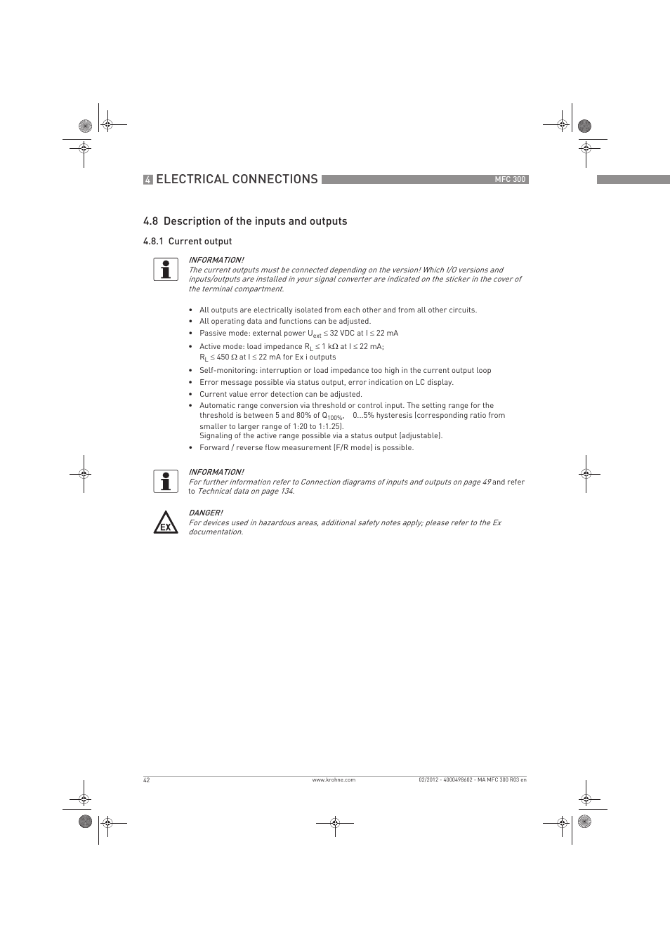 Electrical connections, 8 description of the inputs and outputs | KROHNE MFC 300 EN User Manual | Page 42 / 180
