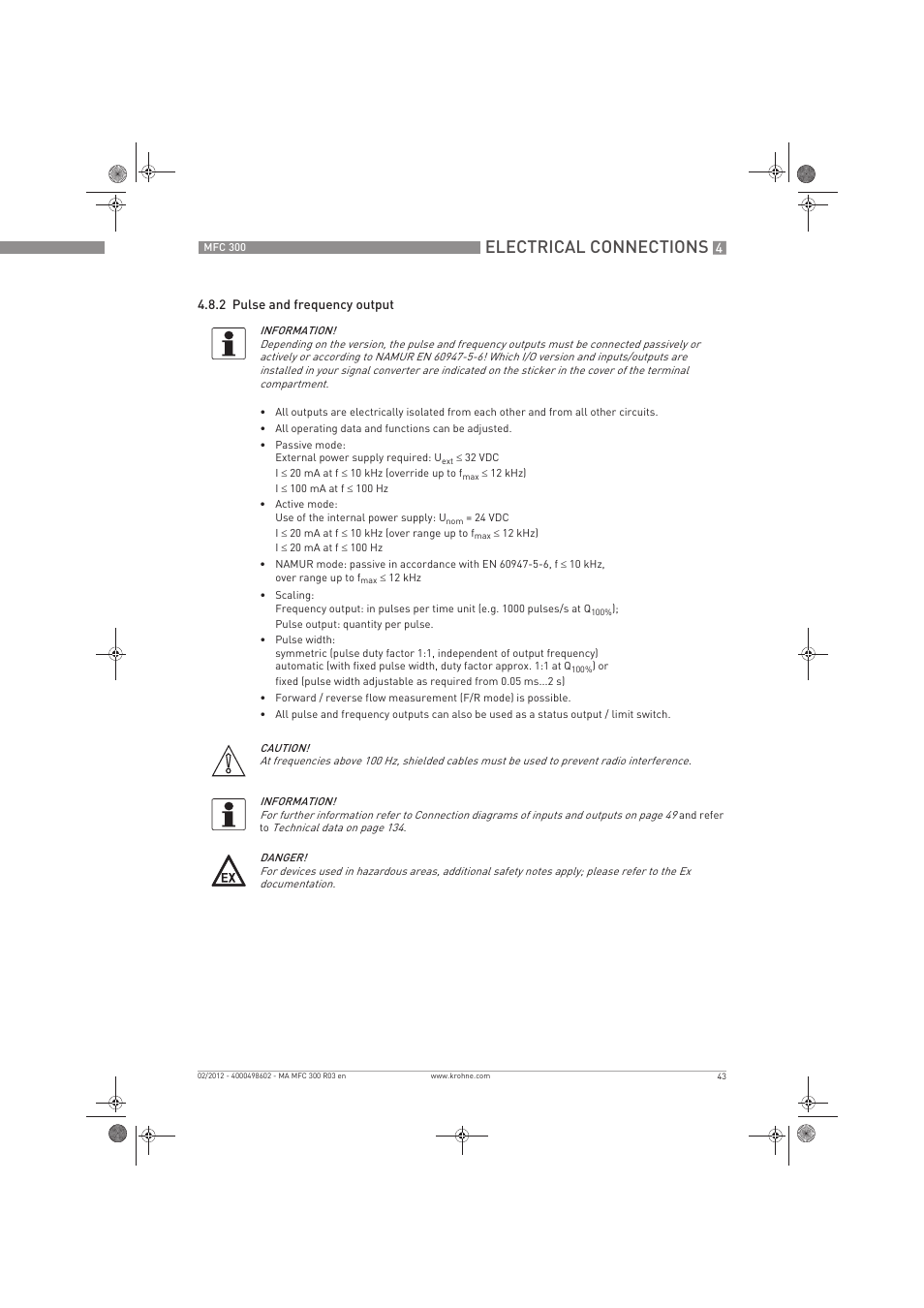 Electrical connections | KROHNE MFC 300 EN User Manual | Page 43 / 180