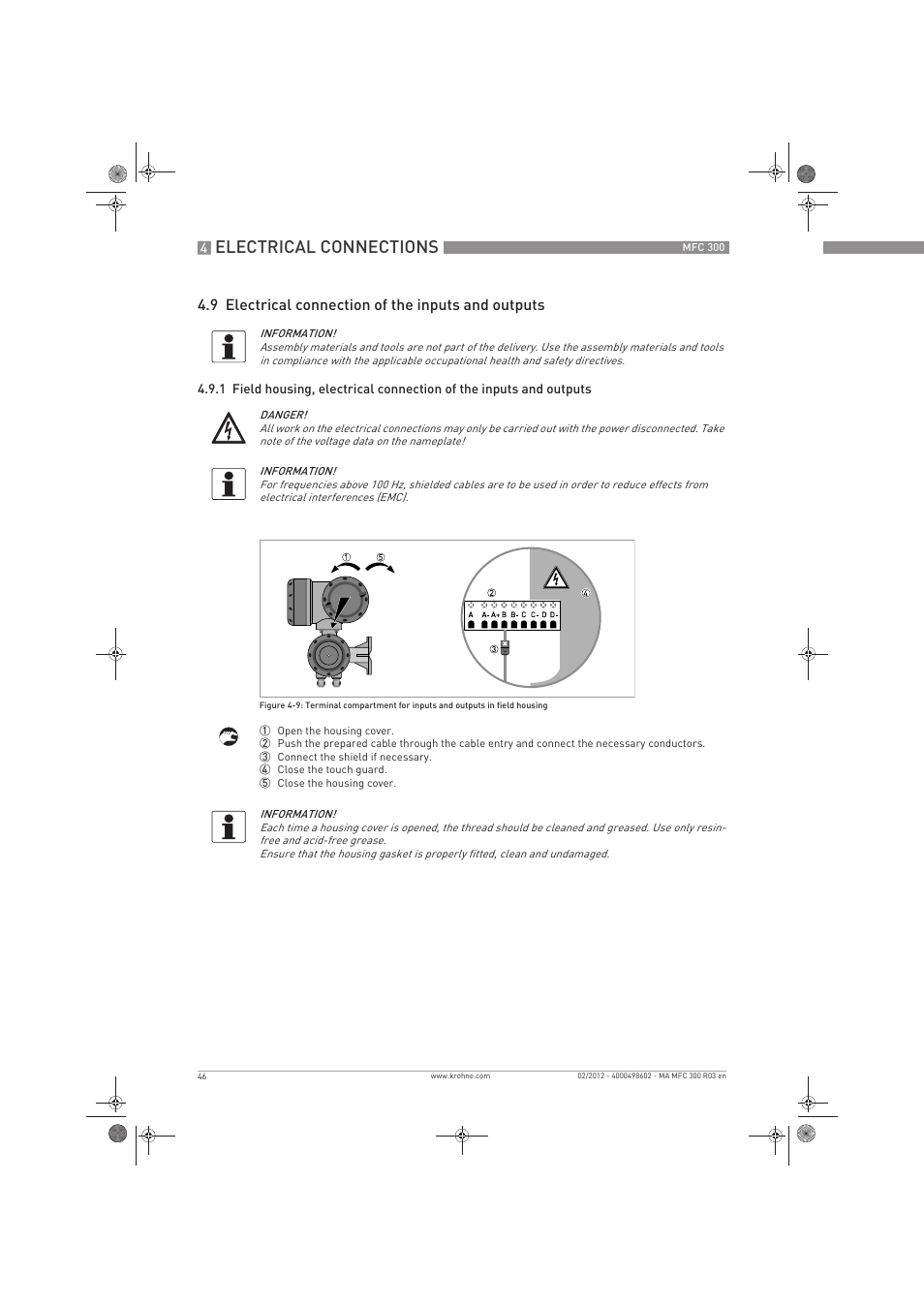 Electrical connections, 9 electrical connection of the inputs and outputs | KROHNE MFC 300 EN User Manual | Page 46 / 180