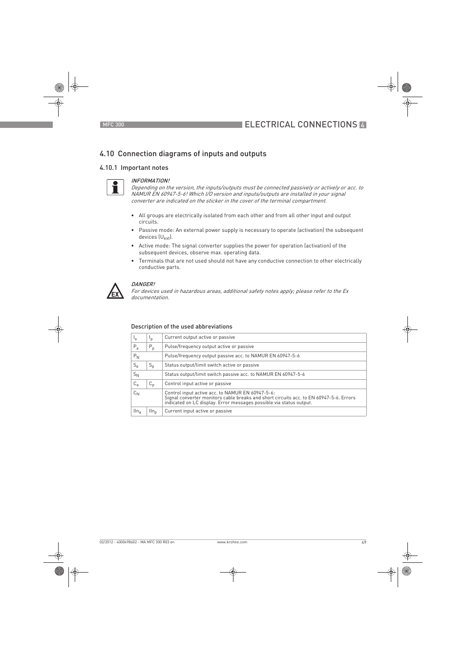 Electrical connections, 10 connection diagrams of inputs and outputs | KROHNE MFC 300 EN User Manual | Page 49 / 180