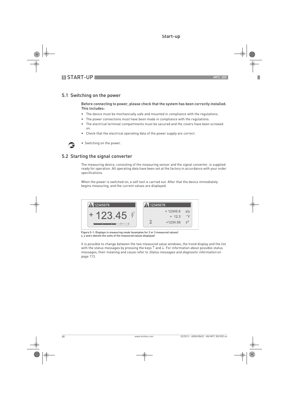 Start-up, Start-up 5.1 switching on the power, 2 starting the signal converter | KROHNE MFC 300 EN User Manual | Page 68 / 180
