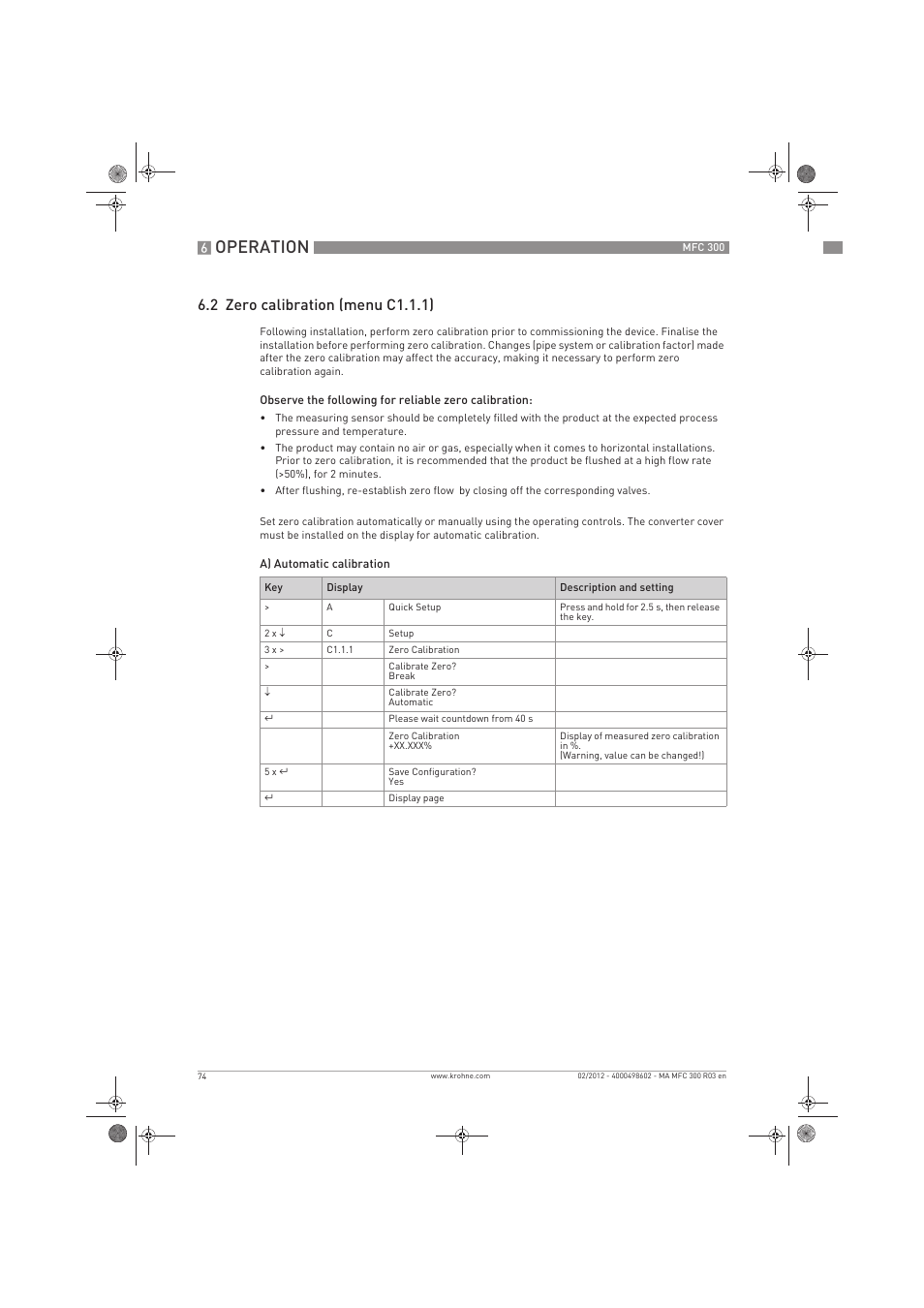 Operation, 2 zero calibration (menu c1.1.1) | KROHNE MFC 300 EN User Manual | Page 74 / 180