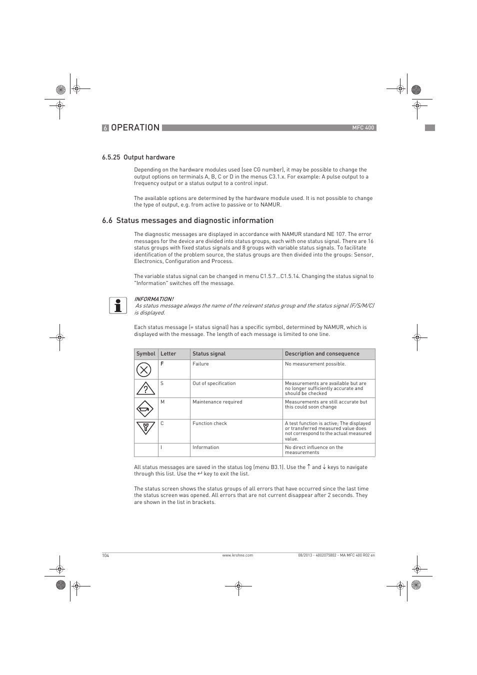 Operation, 6 status messages and diagnostic information | KROHNE MFC 400 EN User Manual | Page 104 / 144