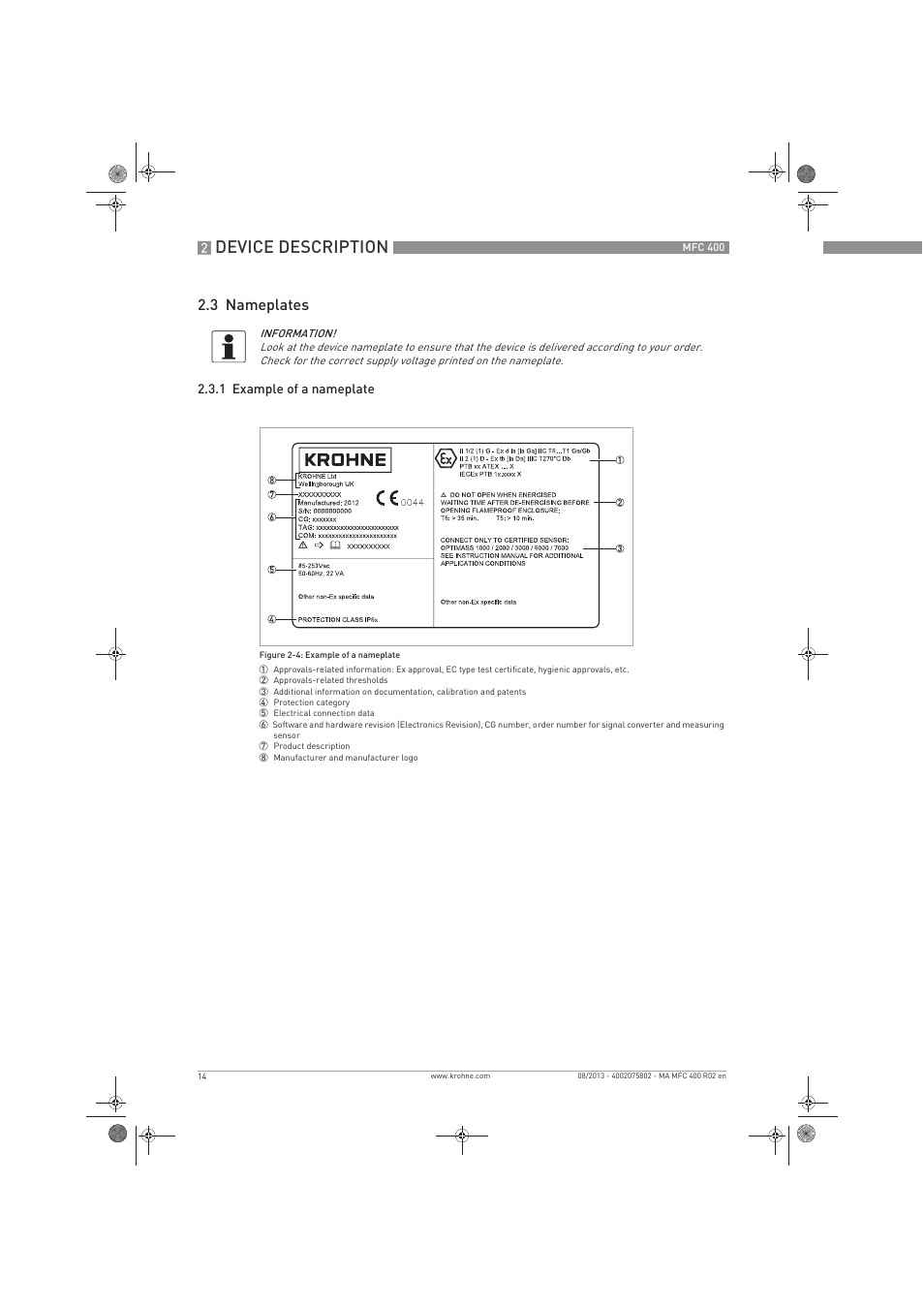 Device description, 3 nameplates | KROHNE MFC 400 EN User Manual | Page 14 / 144