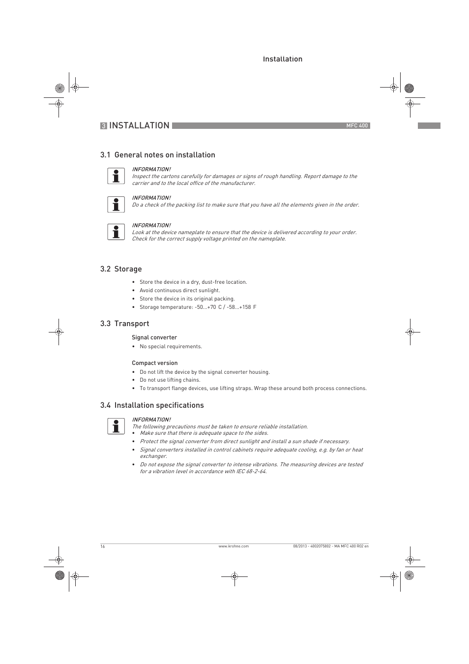 Installation | KROHNE MFC 400 EN User Manual | Page 16 / 144