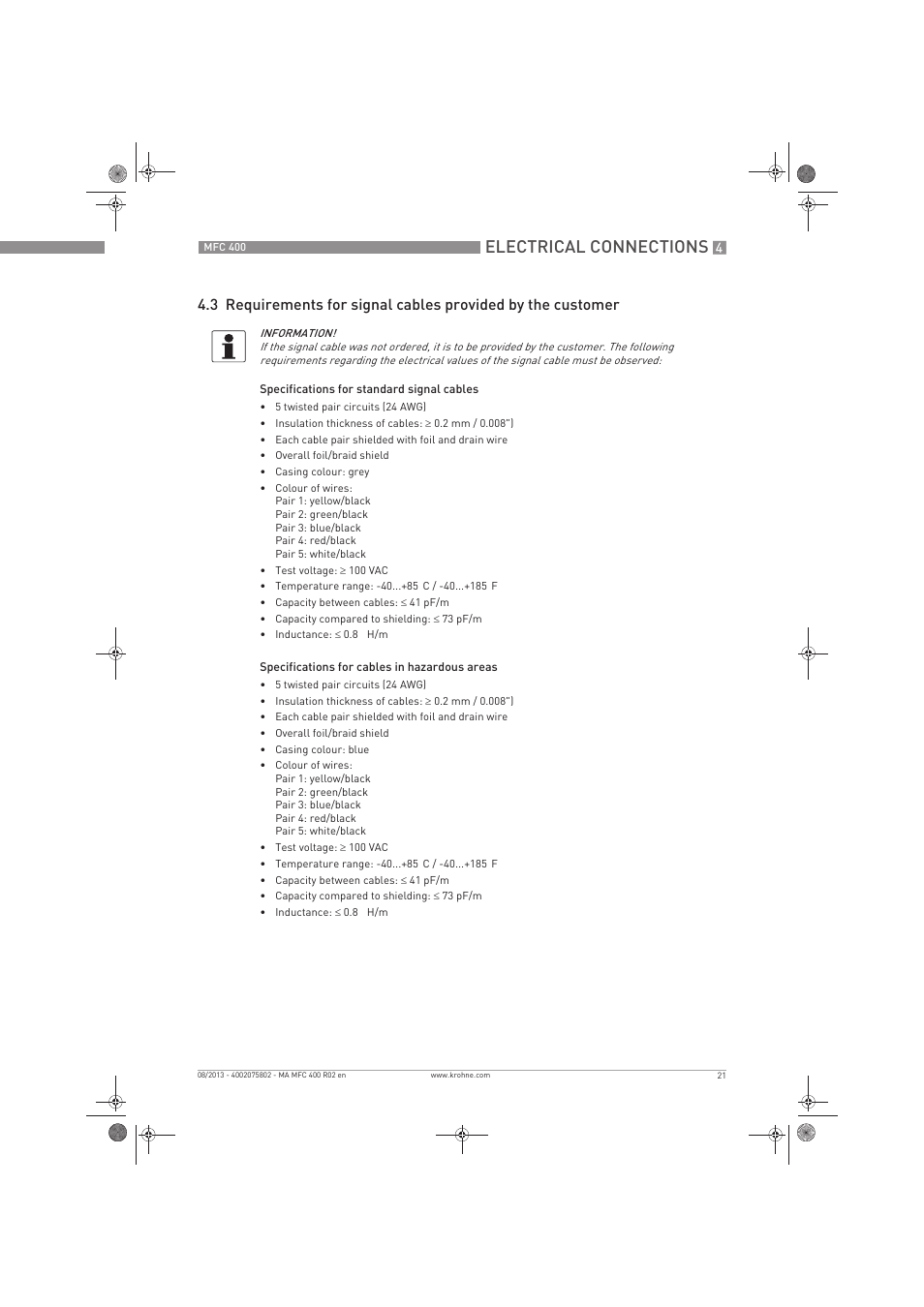 Electrical connections | KROHNE MFC 400 EN User Manual | Page 21 / 144