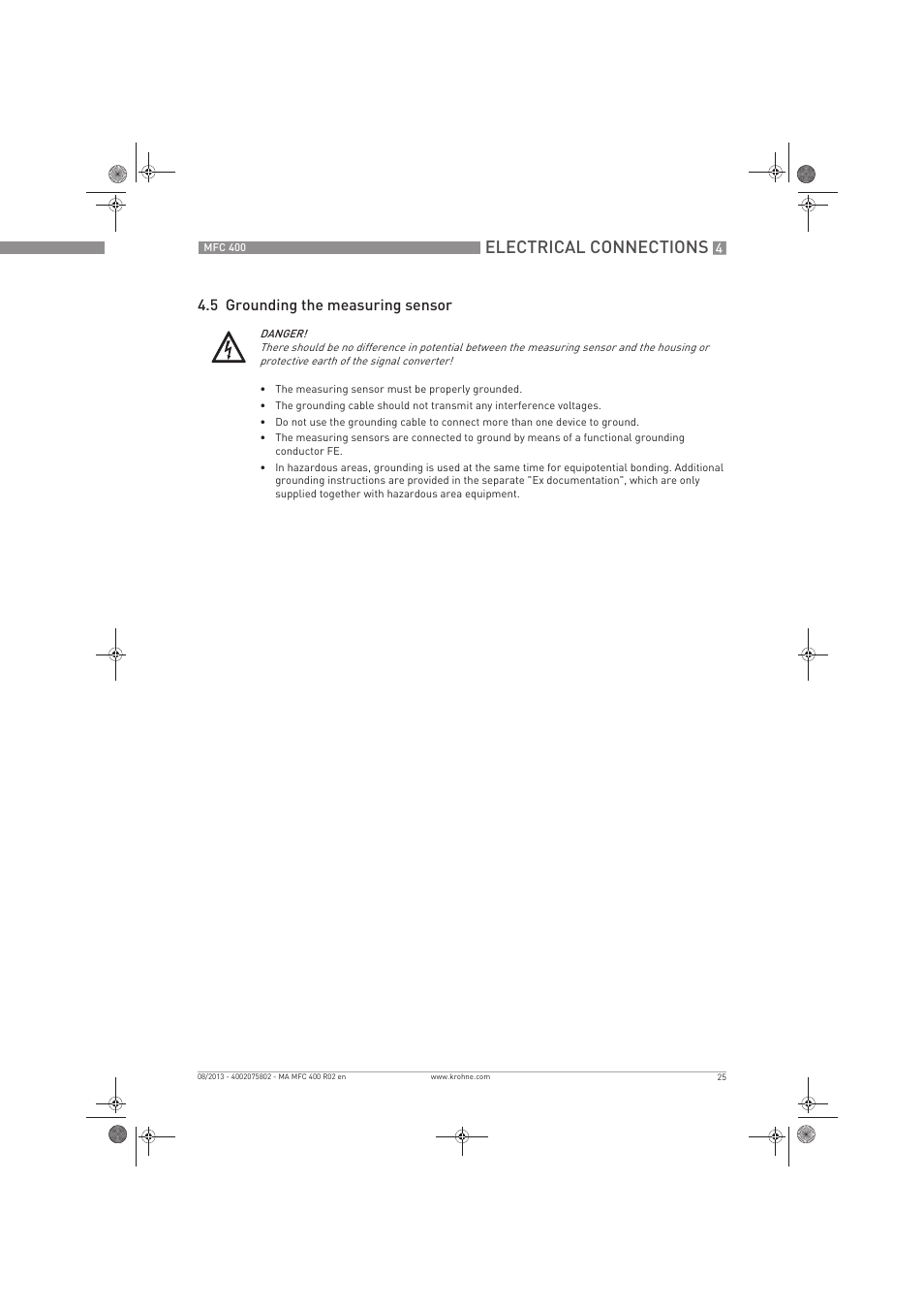 Electrical connections, 5 grounding the measuring sensor | KROHNE MFC 400 EN User Manual | Page 25 / 144