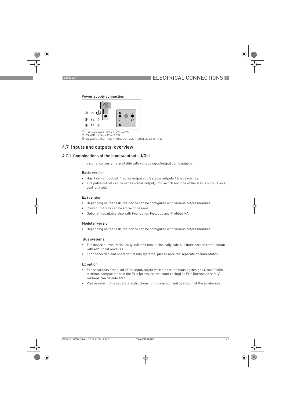 Electrical connections, 7 inputs and outputs, overview | KROHNE MFC 400 EN User Manual | Page 27 / 144