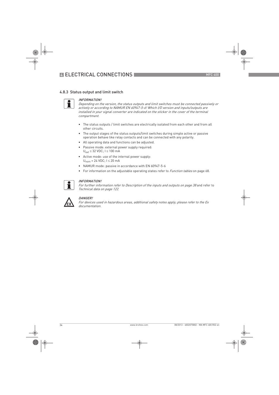 Electrical connections | KROHNE MFC 400 EN User Manual | Page 34 / 144