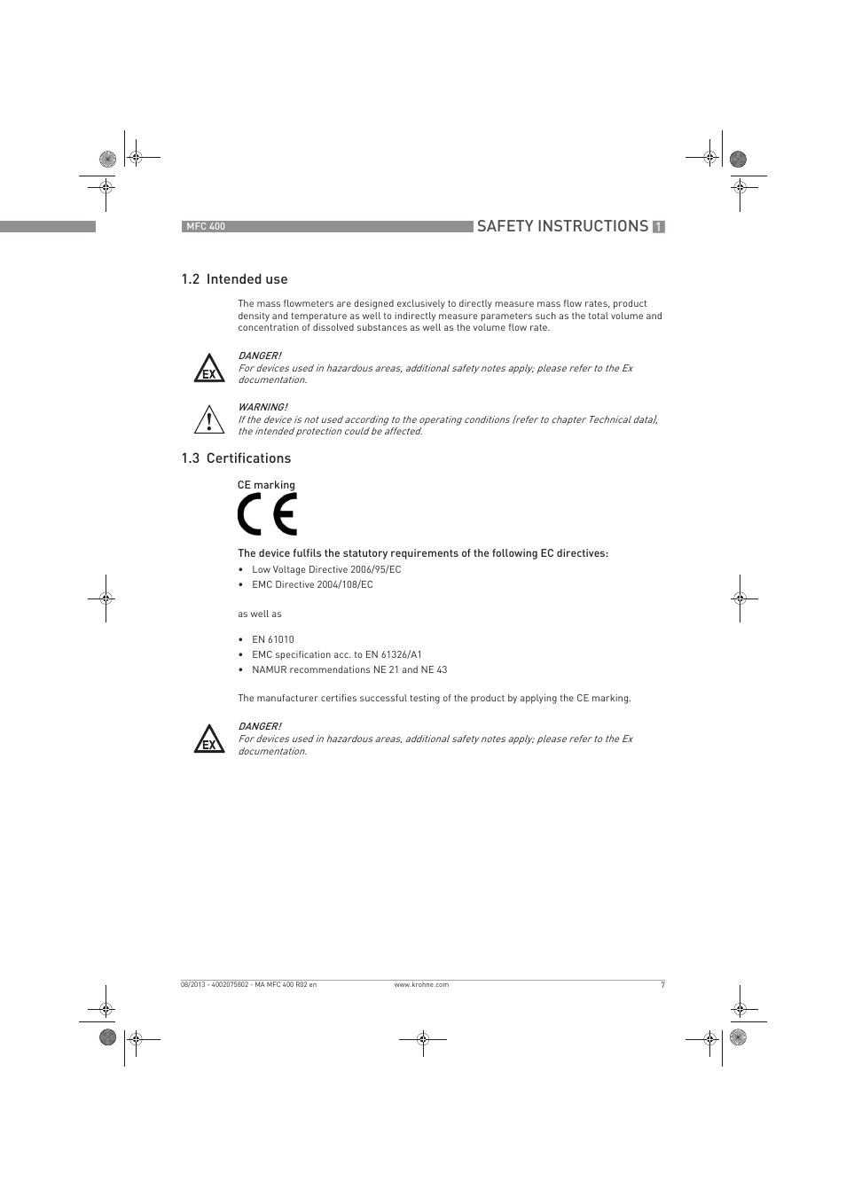 Safety instructions, 2 intended use, 3 certifications | KROHNE MFC 400 EN User Manual | Page 7 / 144