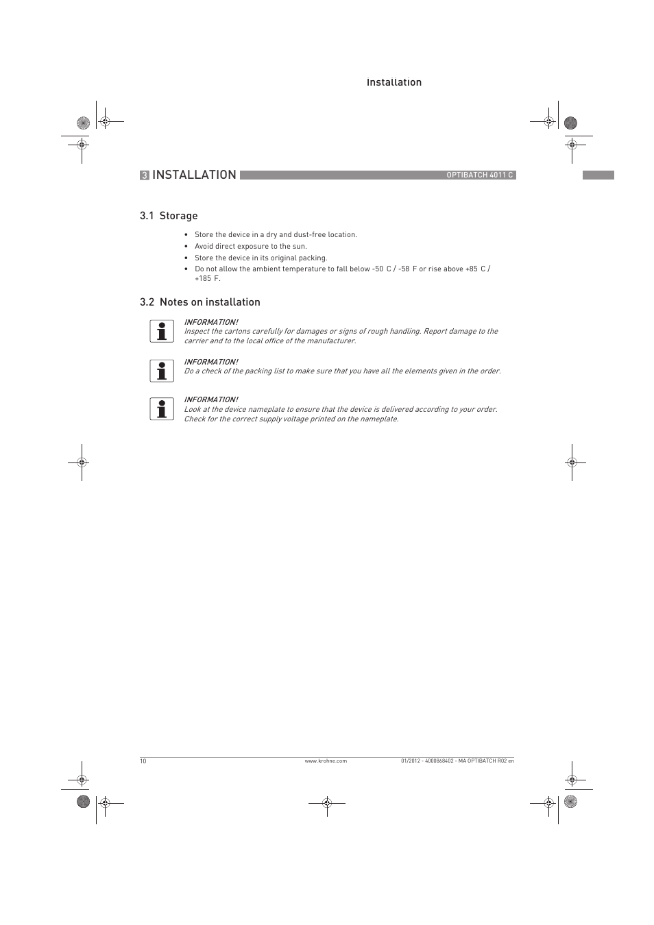 Installation, Installation 3.1 storage | KROHNE OPTIBATCH 4011 C EN User Manual | Page 10 / 40