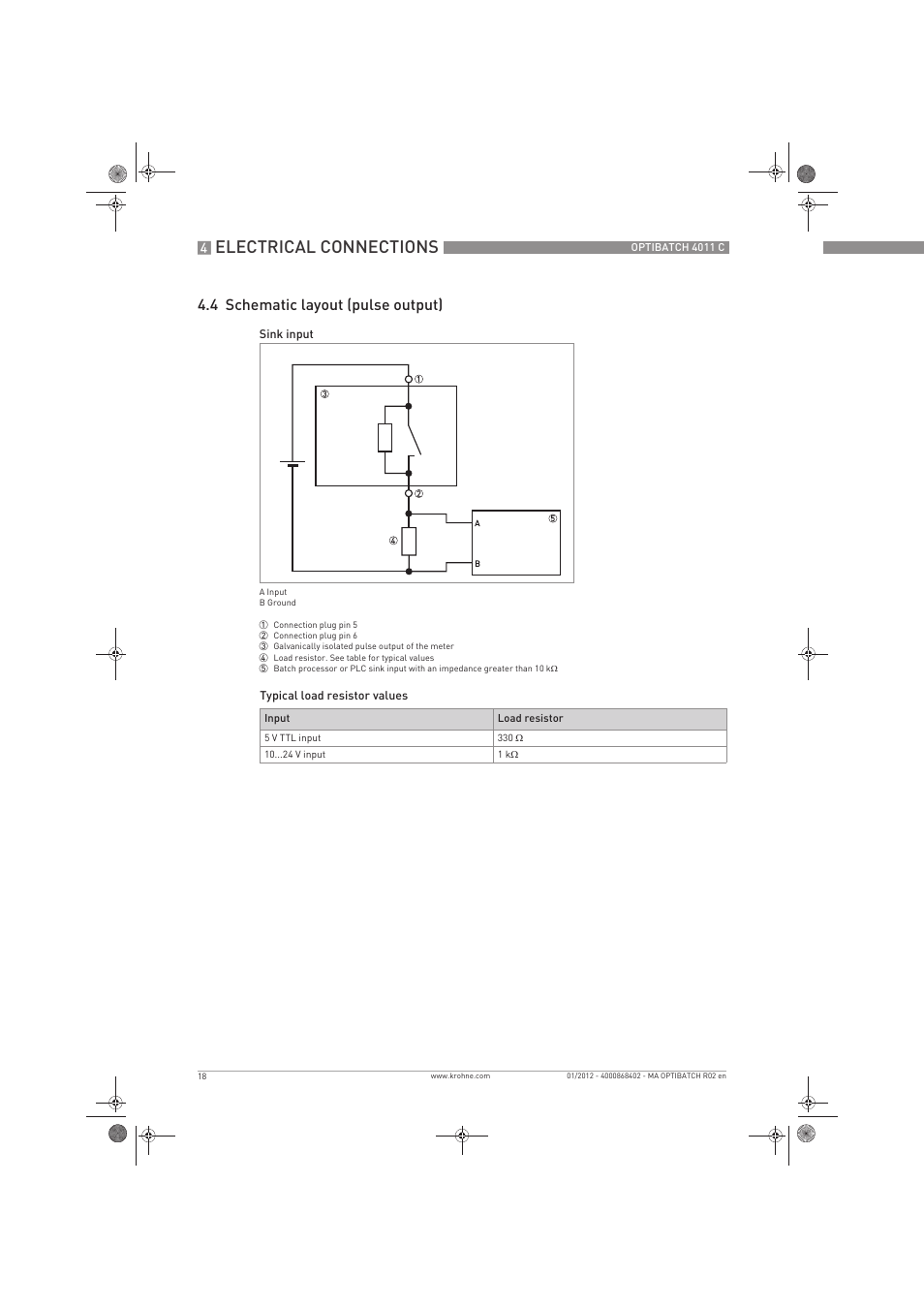 Electrical connections, 4 schematic layout (pulse output) | KROHNE OPTIBATCH 4011 C EN User Manual | Page 18 / 40