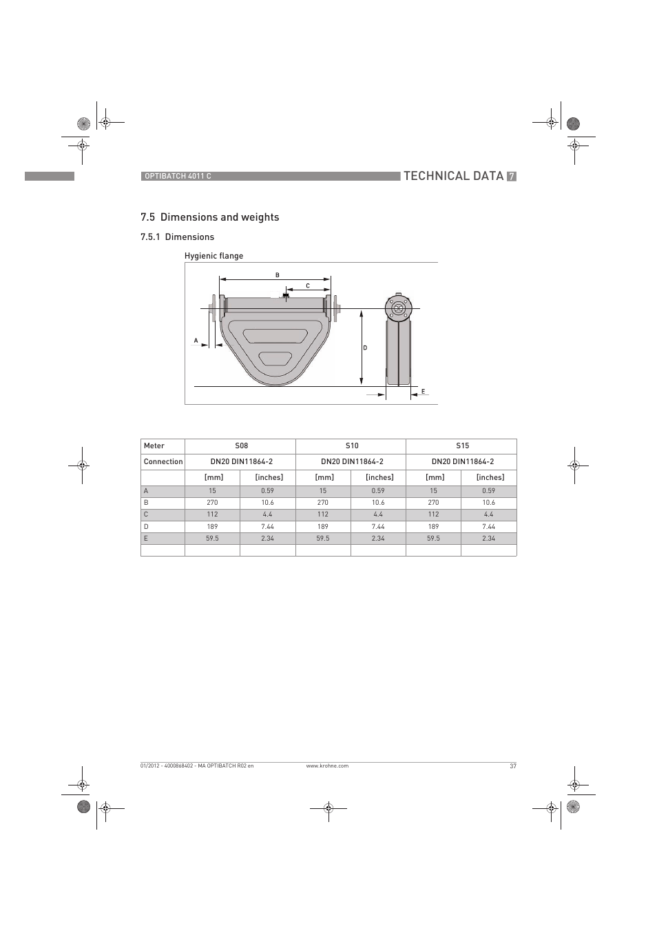 Technical data, 5 dimensions and weights | KROHNE OPTIBATCH 4011 C EN User Manual | Page 37 / 40