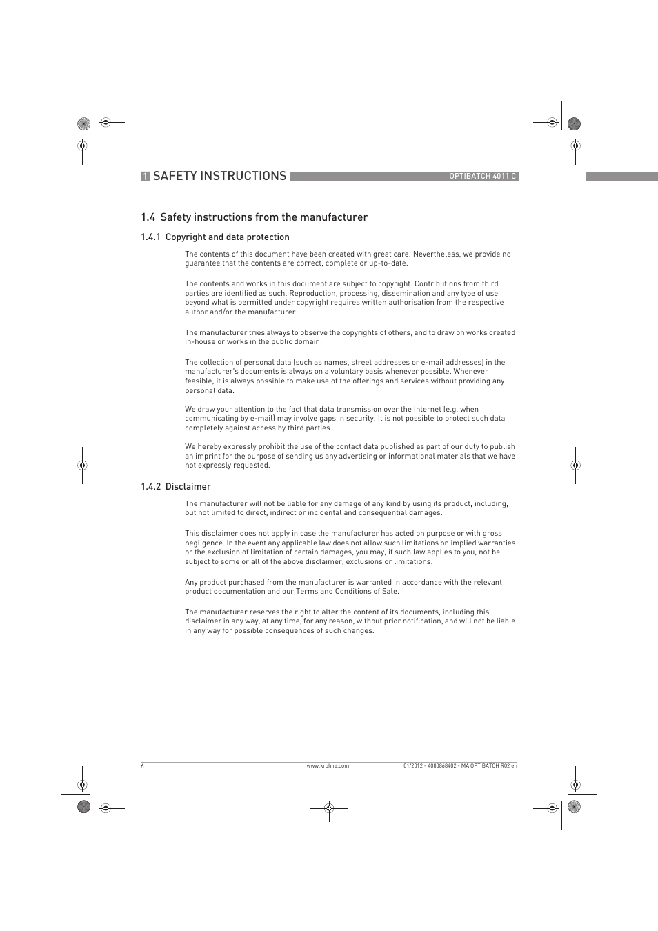 Safety instructions, 4 safety instructions from the manufacturer | KROHNE OPTIBATCH 4011 C EN User Manual | Page 6 / 40