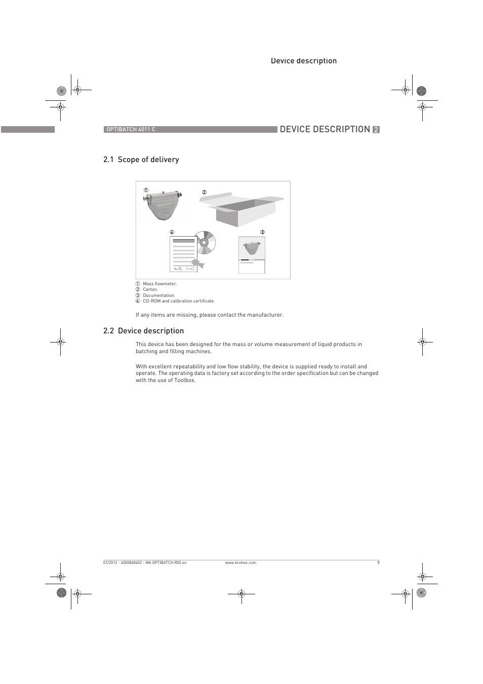 Device description, Device description 2.1 scope of delivery, 2 device description | KROHNE OPTIBATCH 4011 C EN User Manual | Page 9 / 40