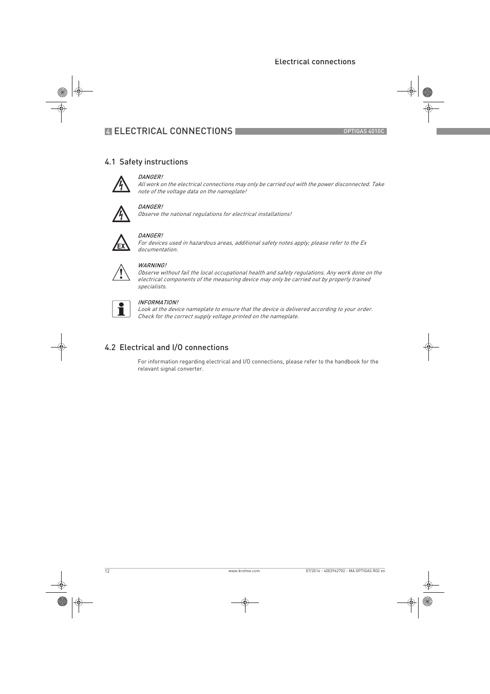 Electrical connections | KROHNE OPTIGAS 4010 C EN User Manual | Page 12 / 24