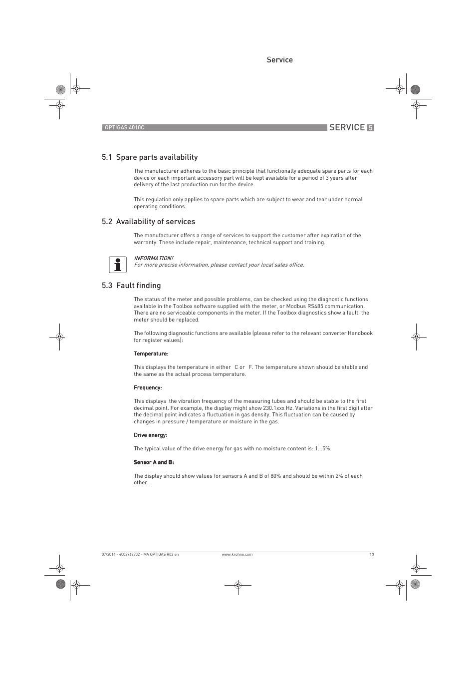 Service, Service 5.1 spare parts availability, 2 availability of services | 3 fault finding | KROHNE OPTIGAS 4010 C EN User Manual | Page 13 / 24