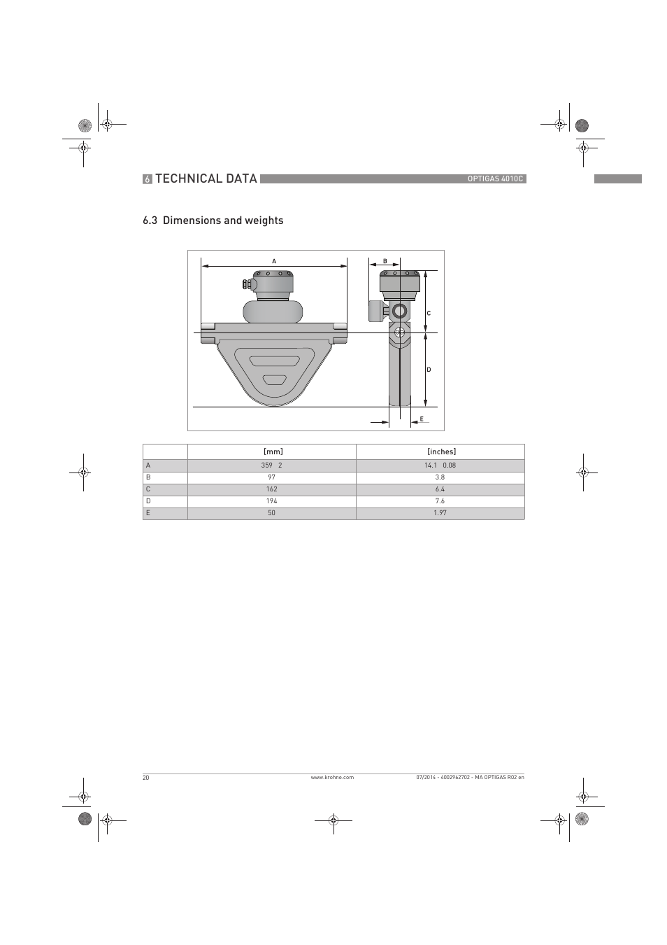 Technical data, 3 dimensions and weights | KROHNE OPTIGAS 4010 C EN User Manual | Page 20 / 24