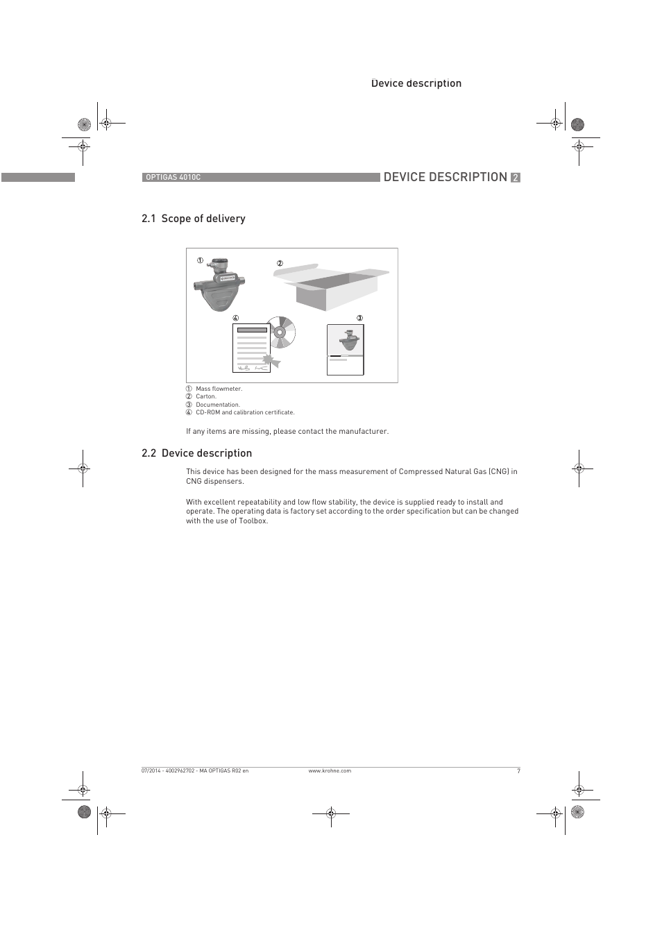 Device description, Device description 2.1 scope of delivery, 2 device description | KROHNE OPTIGAS 4010 C EN User Manual | Page 7 / 24