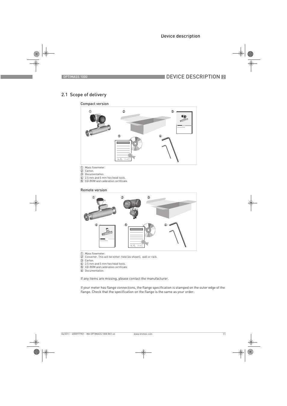 Device description, Device description 2.1 scope of delivery | KROHNE OPTIMASS 1000 EN User Manual | Page 11 / 52