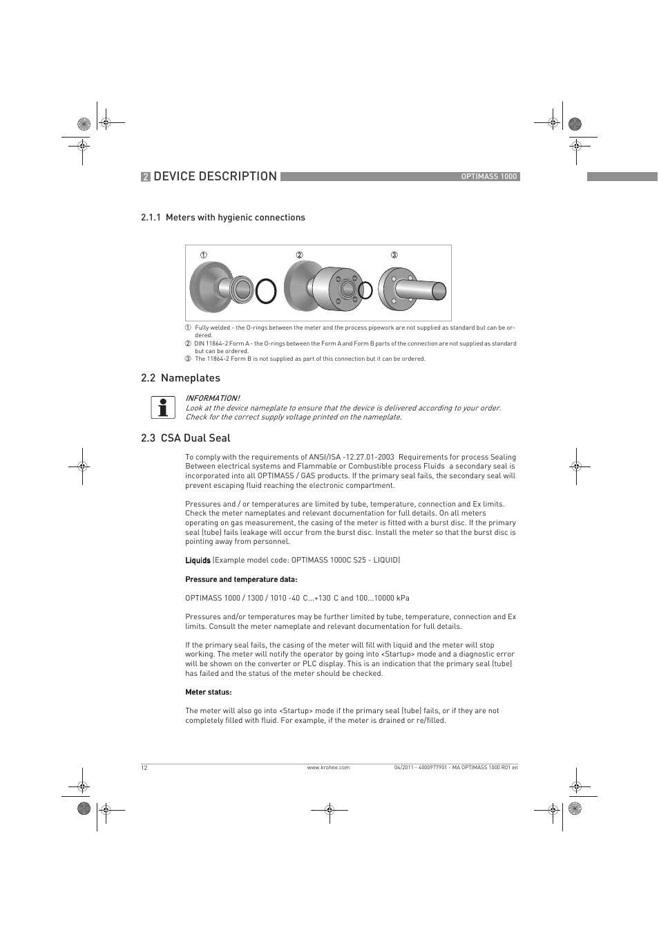 Device description, 2 nameplates 2.3 csa dual seal | KROHNE OPTIMASS 1000 EN User Manual | Page 12 / 52