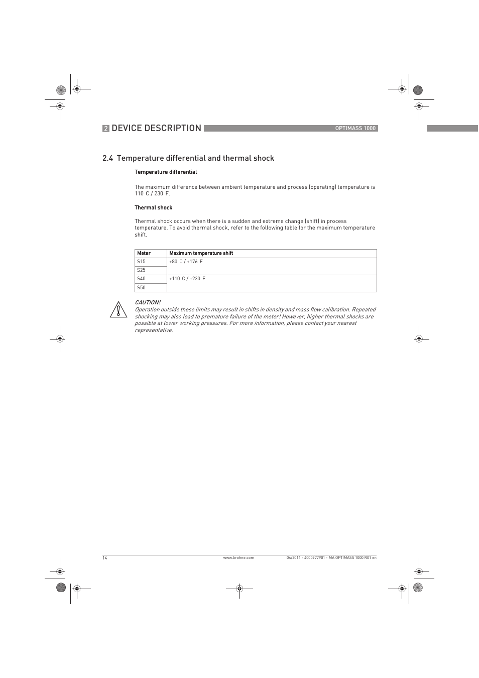 Device description, 4 temperature differential and thermal shock | KROHNE OPTIMASS 1000 EN User Manual | Page 14 / 52