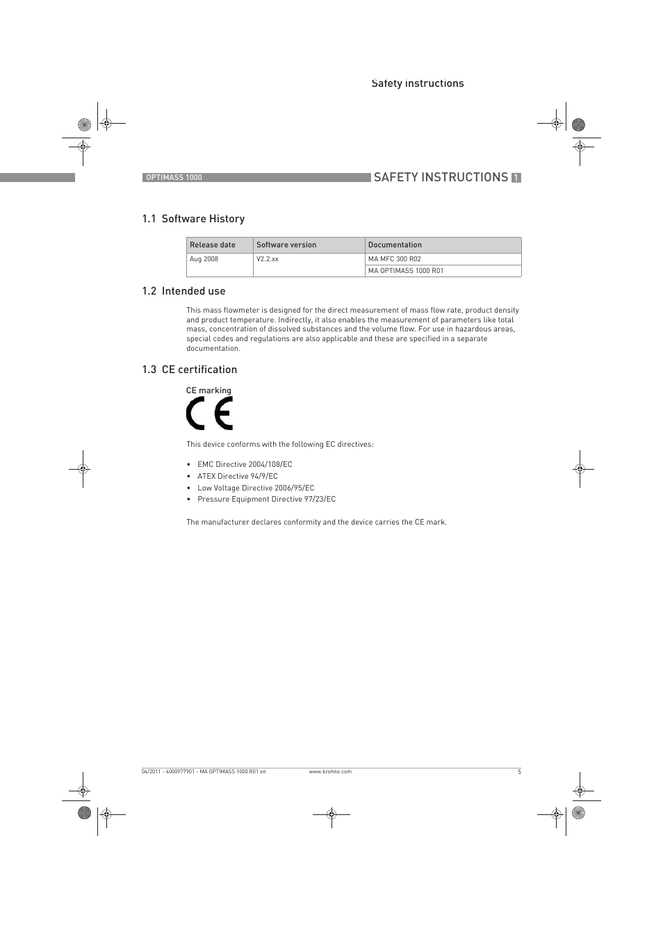 Safety instructions, 3 ce certification | KROHNE OPTIMASS 1000 EN User Manual | Page 5 / 52