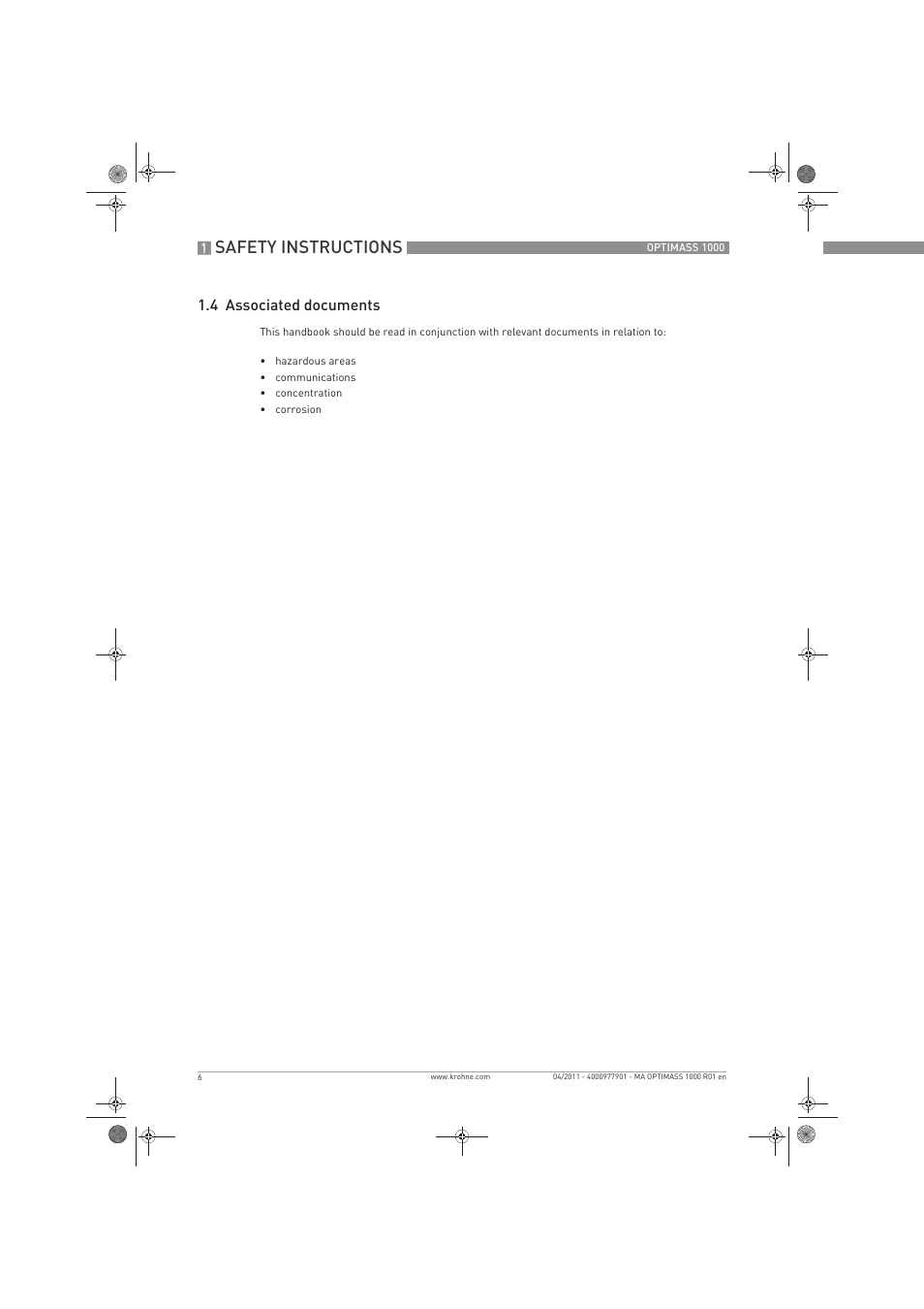 Safety instructions, 4 associated documents | KROHNE OPTIMASS 1000 EN User Manual | Page 6 / 52