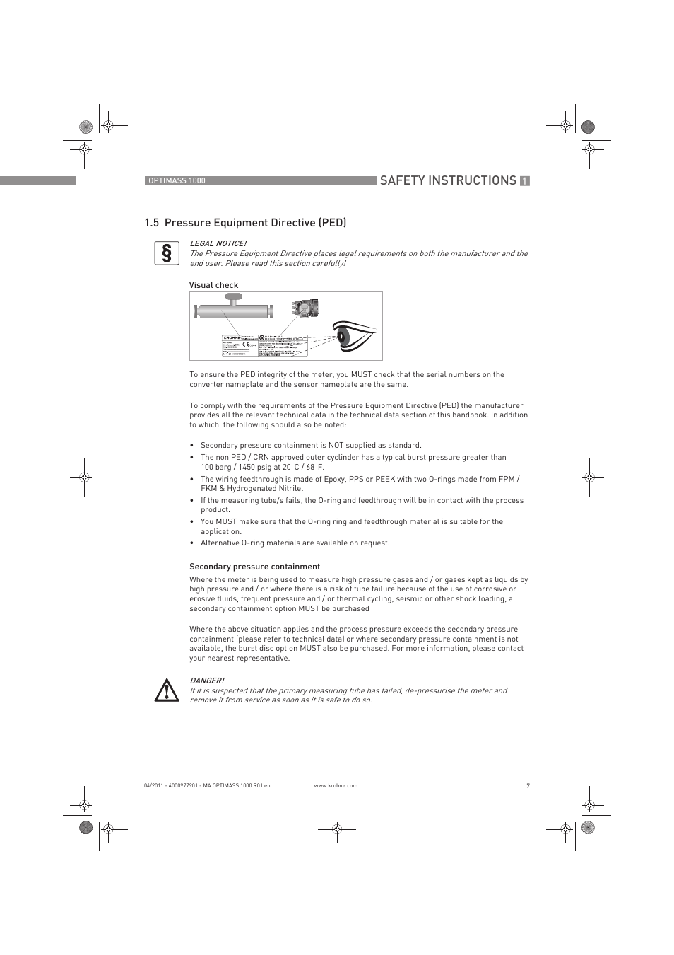 Safety instructions, 5 pressure equipment directive (ped) | KROHNE OPTIMASS 1000 EN User Manual | Page 7 / 52