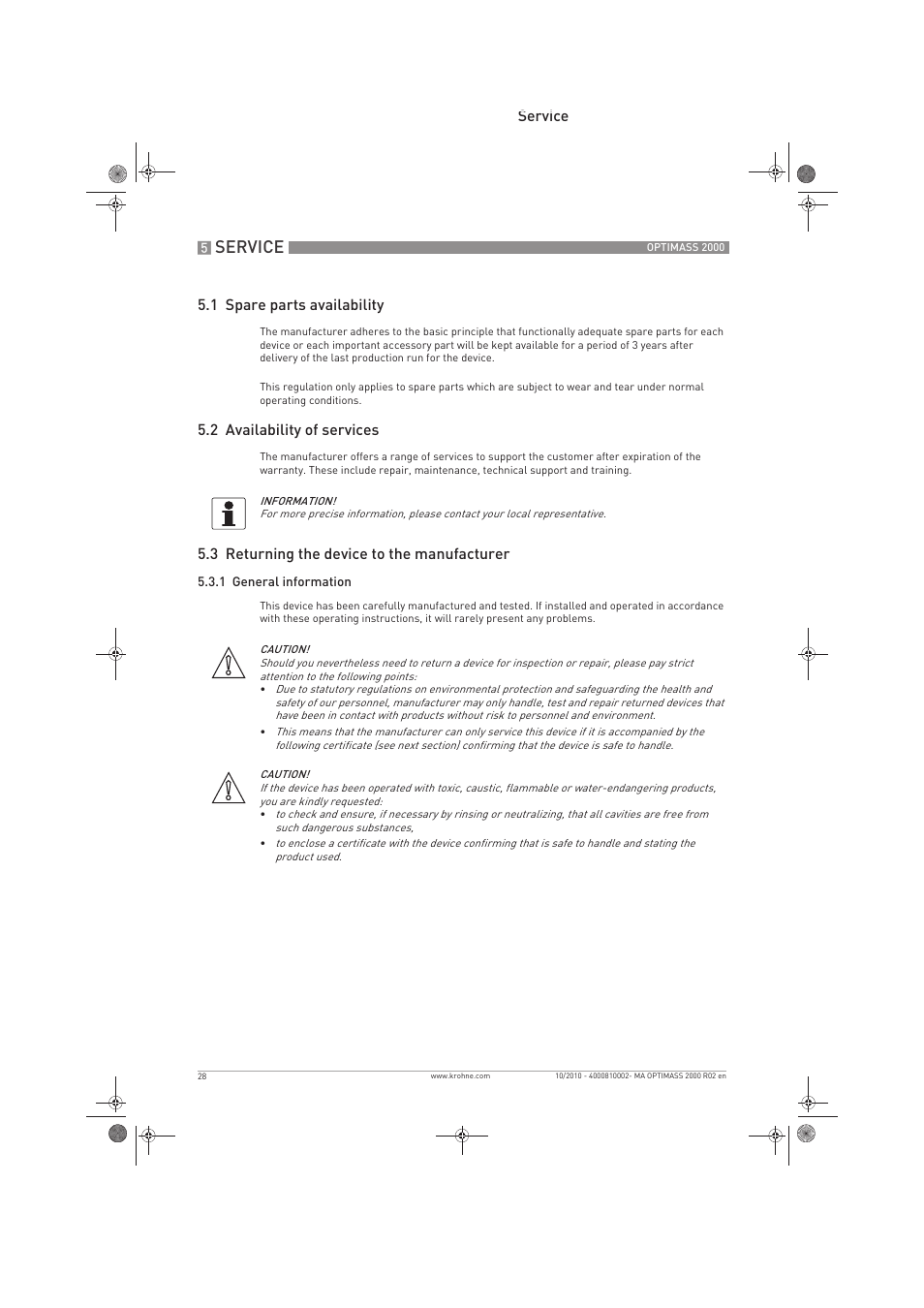 Service | KROHNE OPTIMASS 2000 EN User Manual | Page 28 / 52