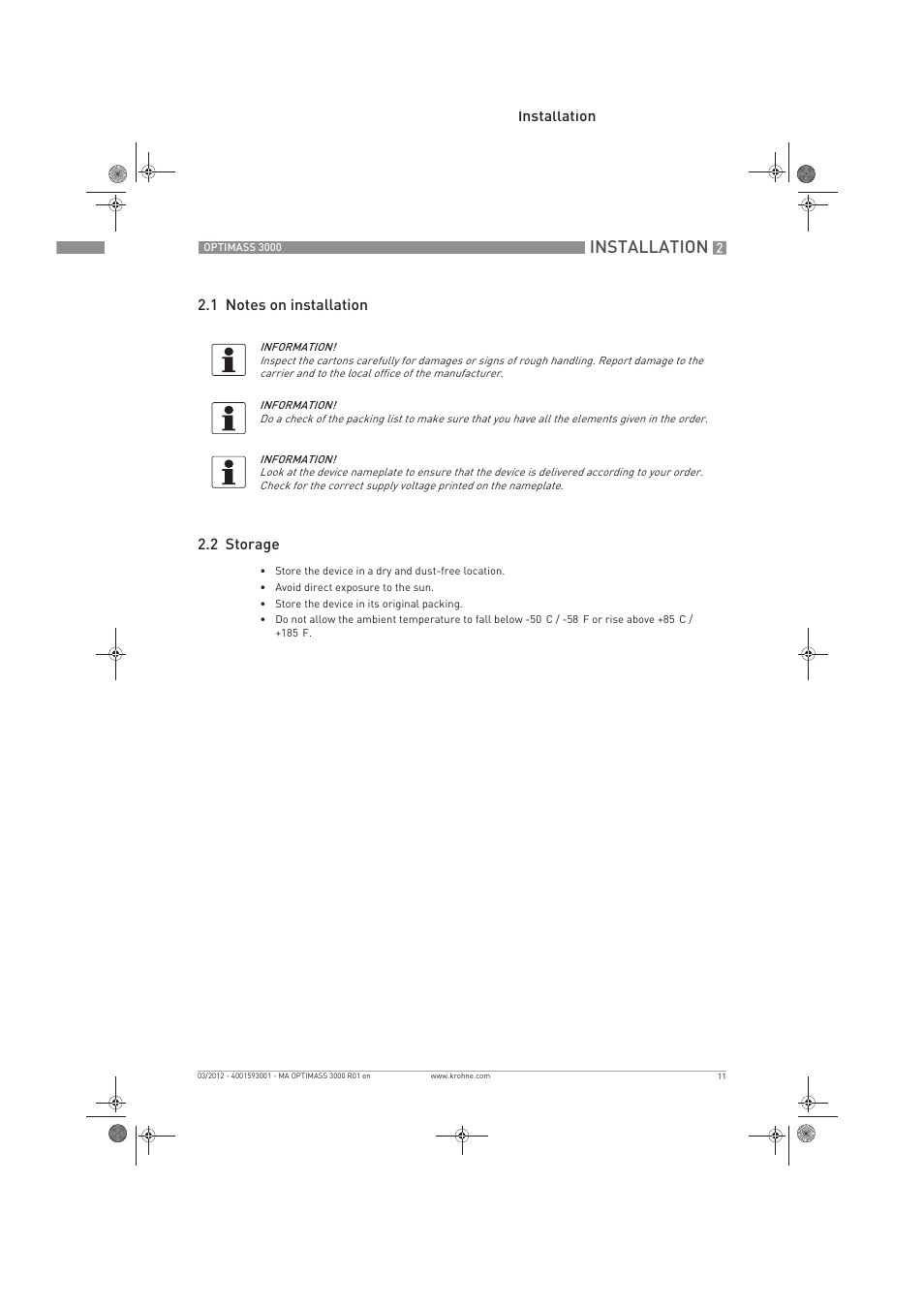 Installation | KROHNE OPTIMASS 3000 EN User Manual | Page 11 / 40