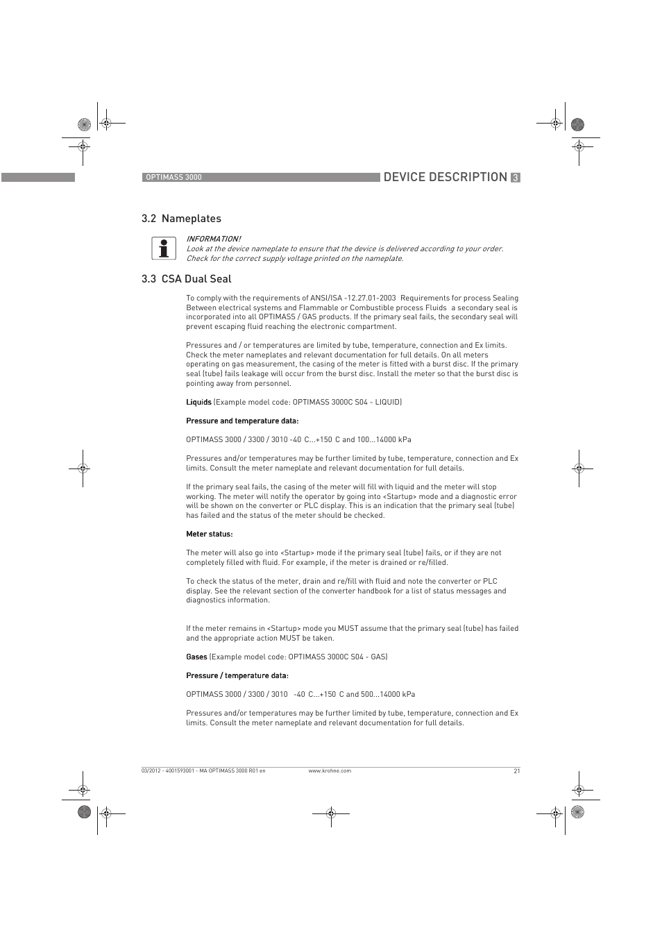 Device description, 2 nameplates 3.3 csa dual seal | KROHNE OPTIMASS 3000 EN User Manual | Page 21 / 40