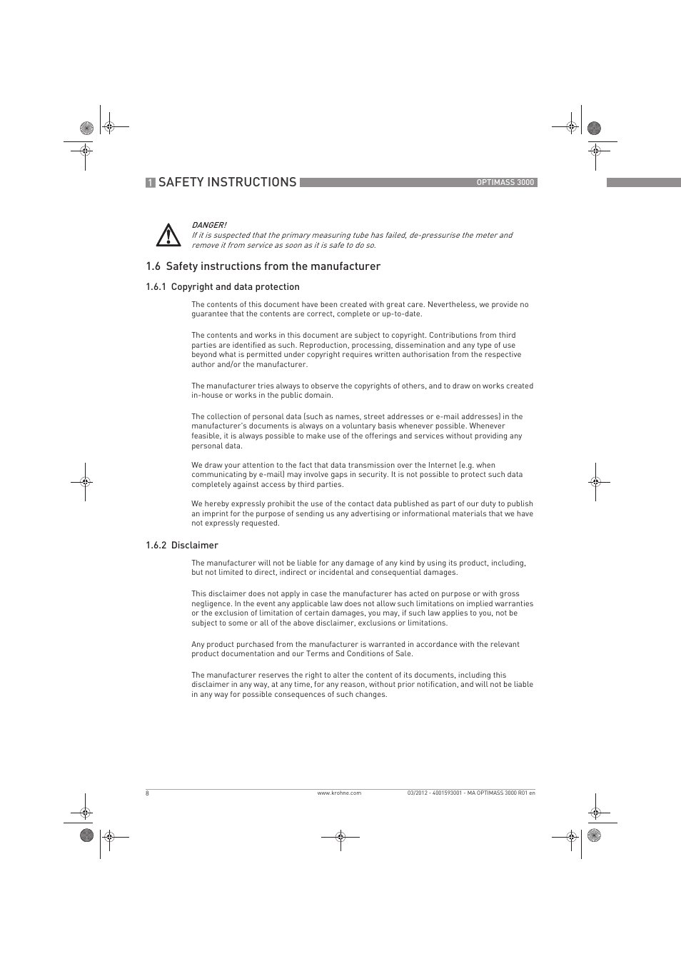 Safety instructions, 6 safety instructions from the manufacturer | KROHNE OPTIMASS 3000 EN User Manual | Page 8 / 40