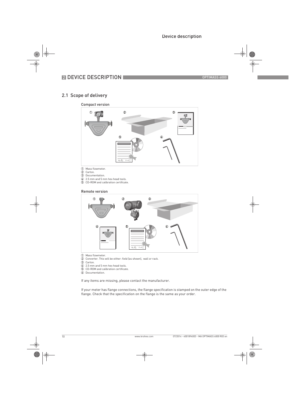 Device description, Device description 2.1 scope of delivery | KROHNE OPTIMASS 6000 EN User Manual | Page 10 / 60