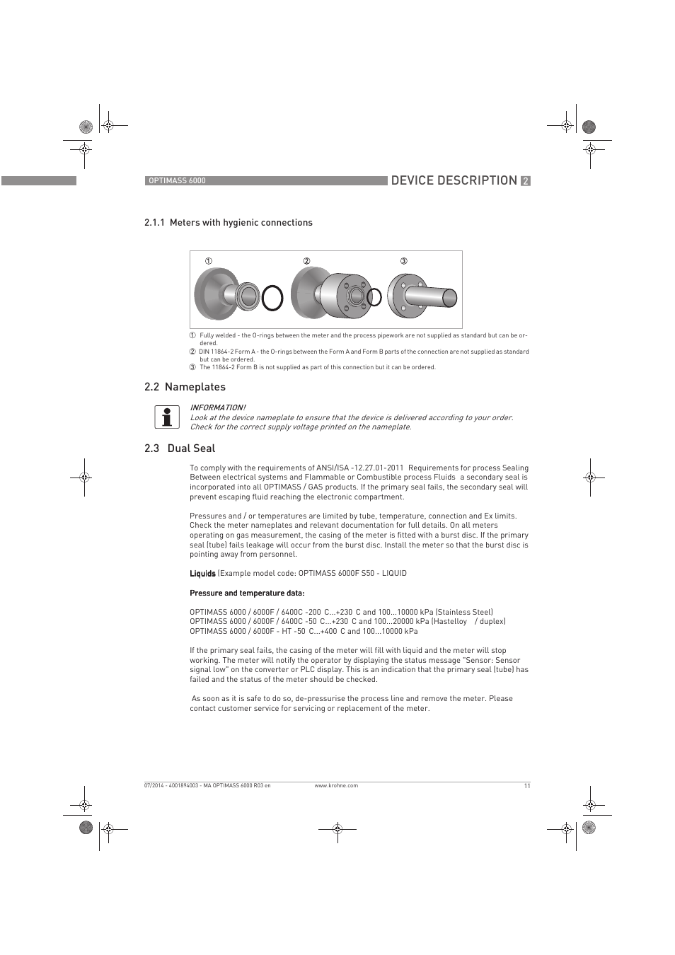 Device description, 2 nameplates 2.3 dual seal | KROHNE OPTIMASS 6000 EN User Manual | Page 11 / 60