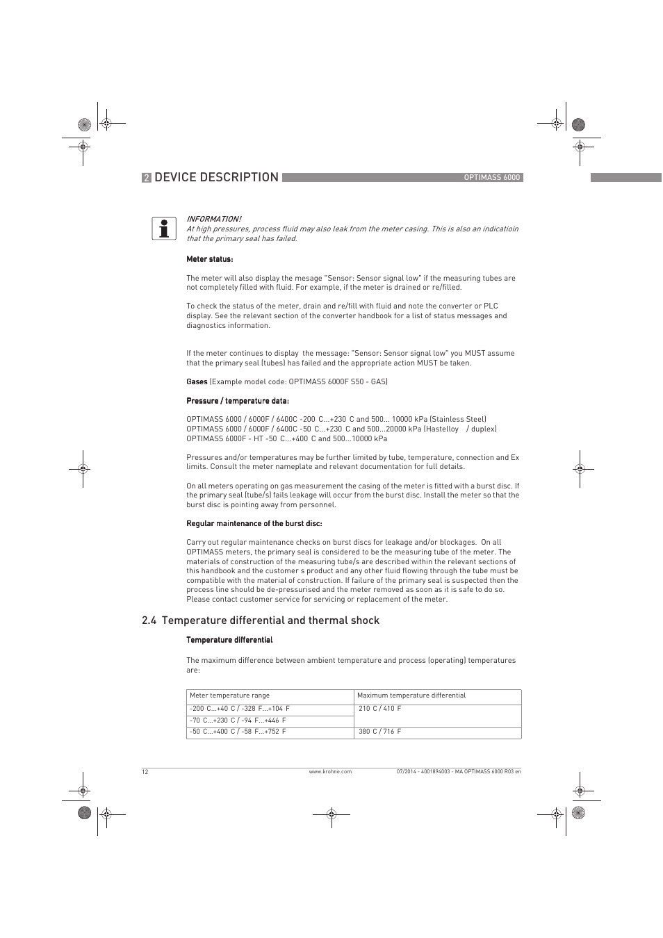 Device description, 4 temperature differential and thermal shock | KROHNE OPTIMASS 6000 EN User Manual | Page 12 / 60