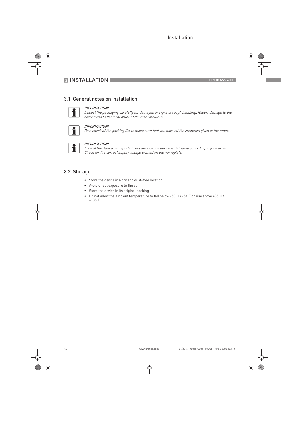 Installation | KROHNE OPTIMASS 6000 EN User Manual | Page 14 / 60