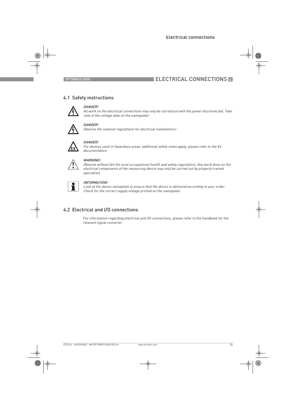 Electrical connections | KROHNE OPTIMASS 6000 EN User Manual | Page 25 / 60