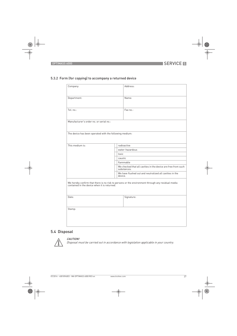 Service, 4 disposal | KROHNE OPTIMASS 6000 EN User Manual | Page 27 / 60
