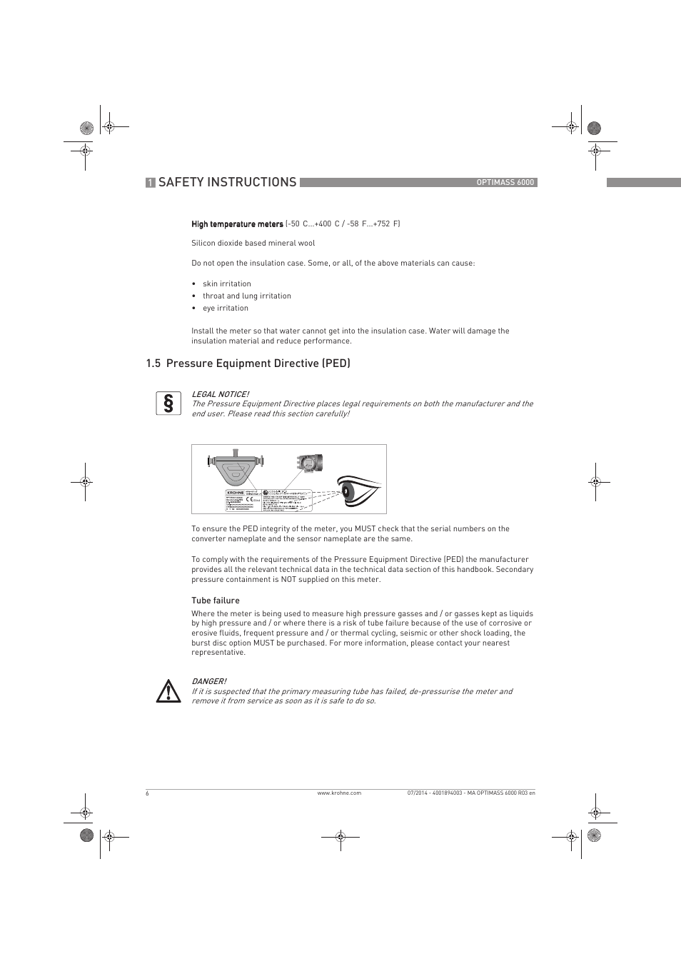 Safety instructions, 5 pressure equipment directive (ped) | KROHNE OPTIMASS 6000 EN User Manual | Page 6 / 60