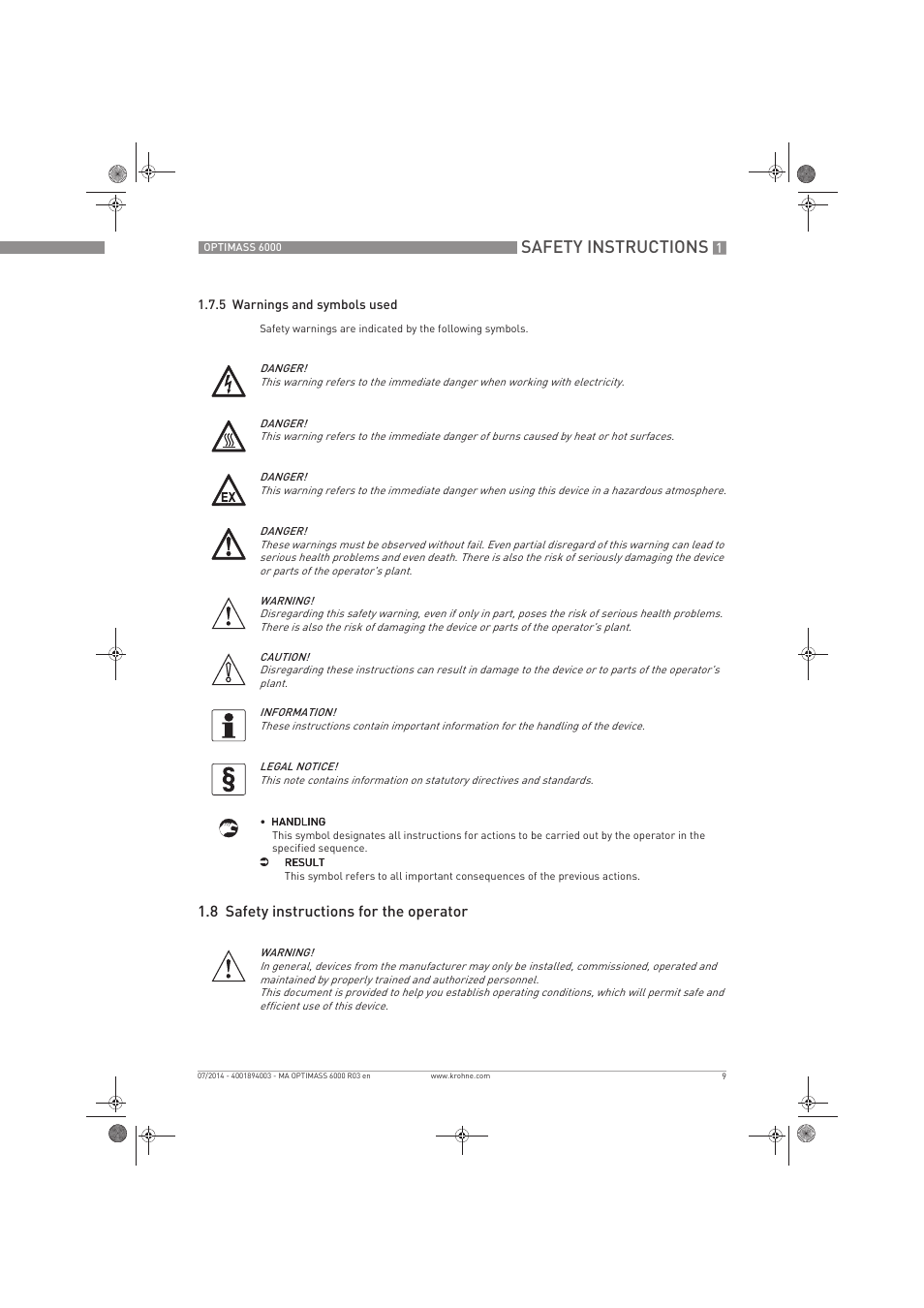 Safety instructions, 8 safety instructions for the operator | KROHNE OPTIMASS 6000 EN User Manual | Page 9 / 60