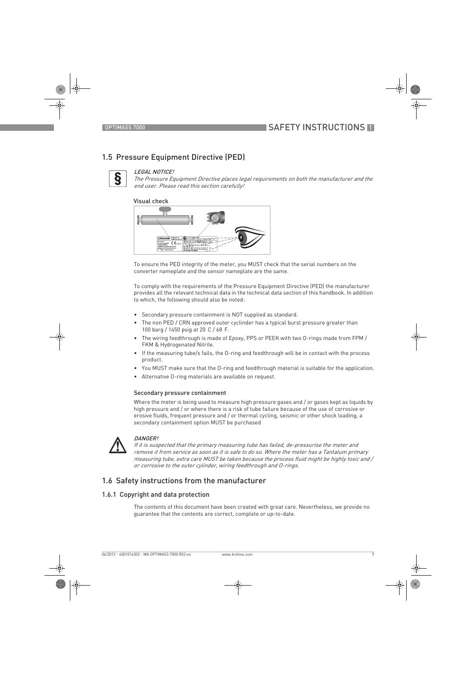 Safety instructions, 5 pressure equipment directive (ped), 6 safety instructions from the manufacturer | KROHNE OPTIMASS 7000 EN User Manual | Page 7 / 56