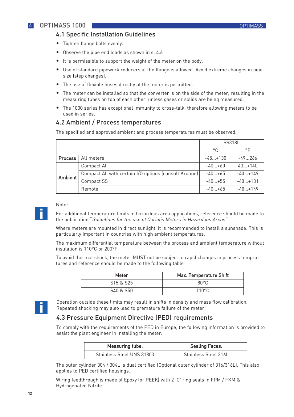 2 ambient / process temperatures, 3 pressure equipment directive (ped) requirements | KROHNE OPTIMASS with MFC 300 EN User Manual | Page 12 / 146