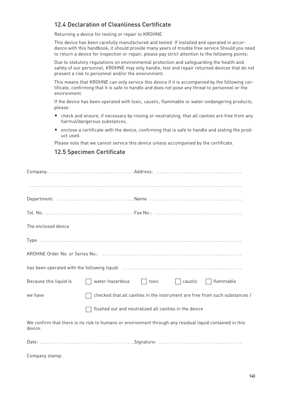 4 declaration of cleanliness certificate, 5 specimen certificate | KROHNE OPTIMASS with MFC 300 EN User Manual | Page 143 / 146