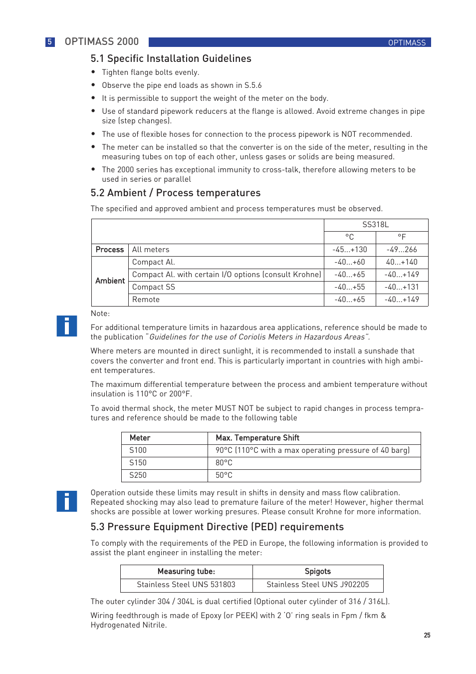 Optimass 2000, 3 pressure equipment directive (ped) requirements, 1 specific installation guidelines | 2 ambient / process temperatures | KROHNE OPTIMASS with MFC 300 EN User Manual | Page 25 / 146