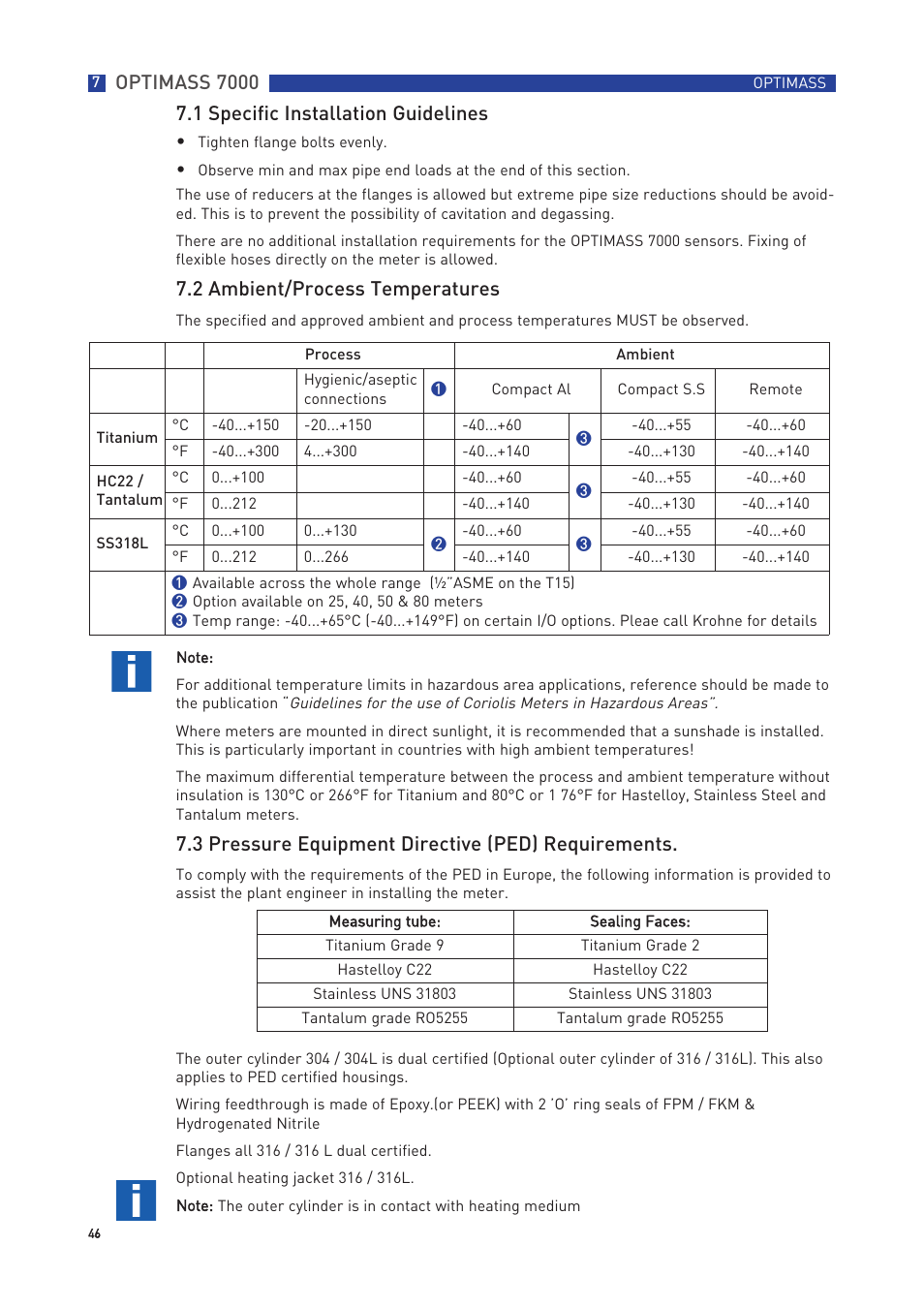 Optimass 7000, 3 pressure equipment directive (ped) requirements, 1 specific installation guidelines | 2 ambient/process temperatures | KROHNE OPTIMASS with MFC 300 EN User Manual | Page 46 / 146