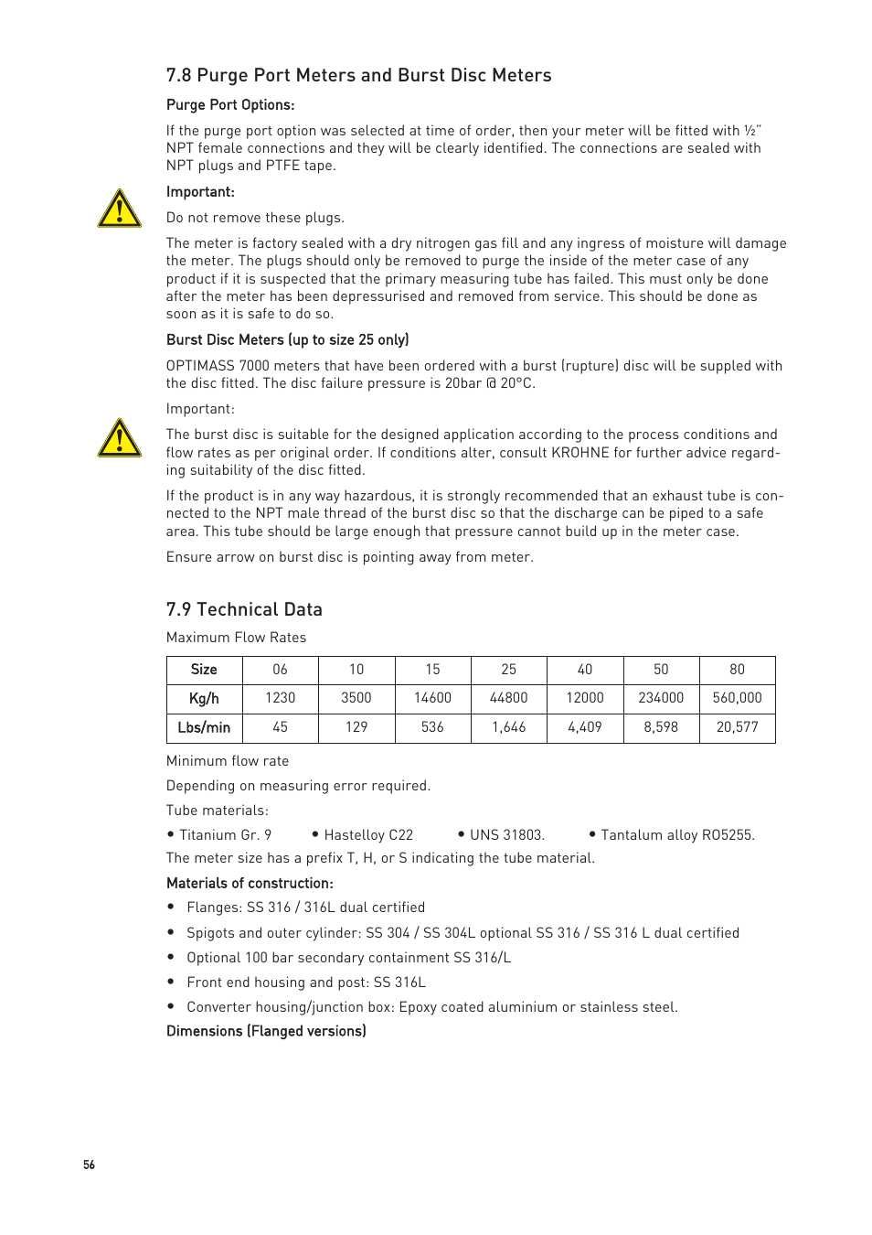 8 purge port meters and burst disc meters, 9 technical data | KROHNE OPTIMASS with MFC 300 EN User Manual | Page 56 / 146