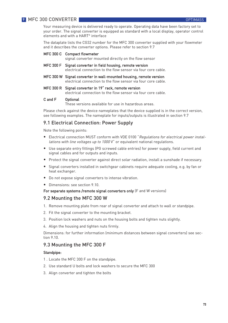 Mfc 300 converter, 1 electrical connection: power supply, 2 mounting the mfc 300 w | 3 mounting the mfc 300 f | KROHNE OPTIMASS with MFC 300 EN User Manual | Page 73 / 146