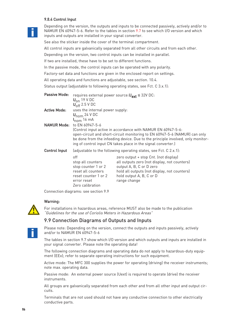 9 connection diagrams of outputs and inputs | KROHNE OPTIMASS with MFC 300 EN User Manual | Page 86 / 146