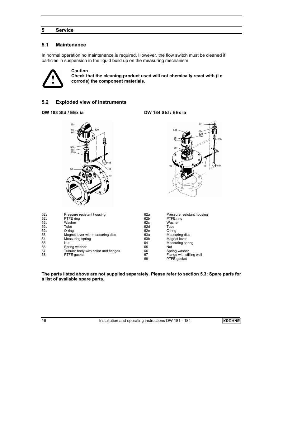 5 service, 1 maintenance, 2 exploded view of instruments | KROHNE DW 181-182-183-184 EN User Manual | Page 16 / 39